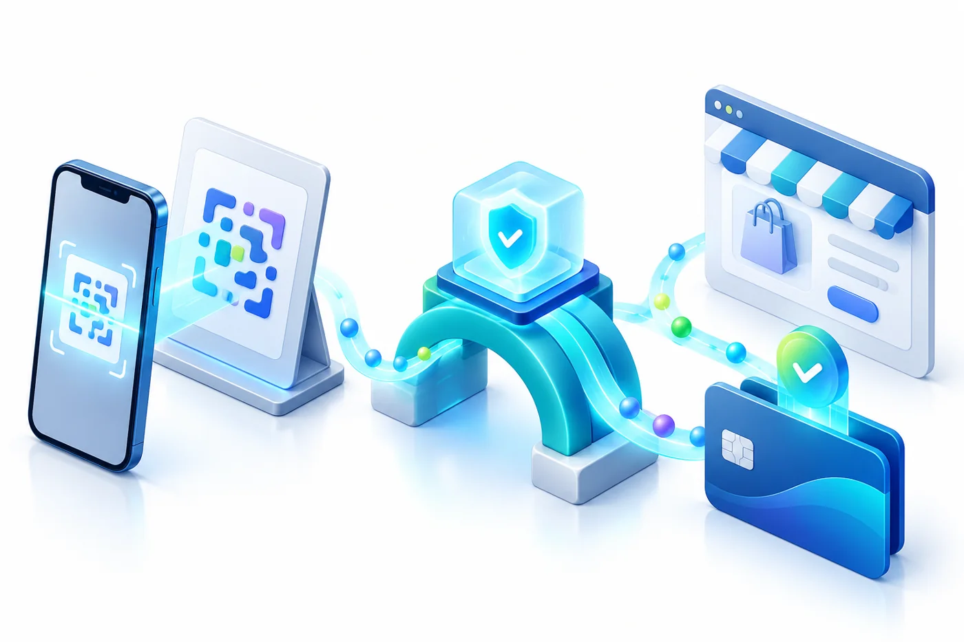 Illustration of mobile QR payment flowing through verification to website credit